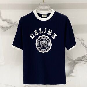 Celine Navy and White Logo Ringer Tee